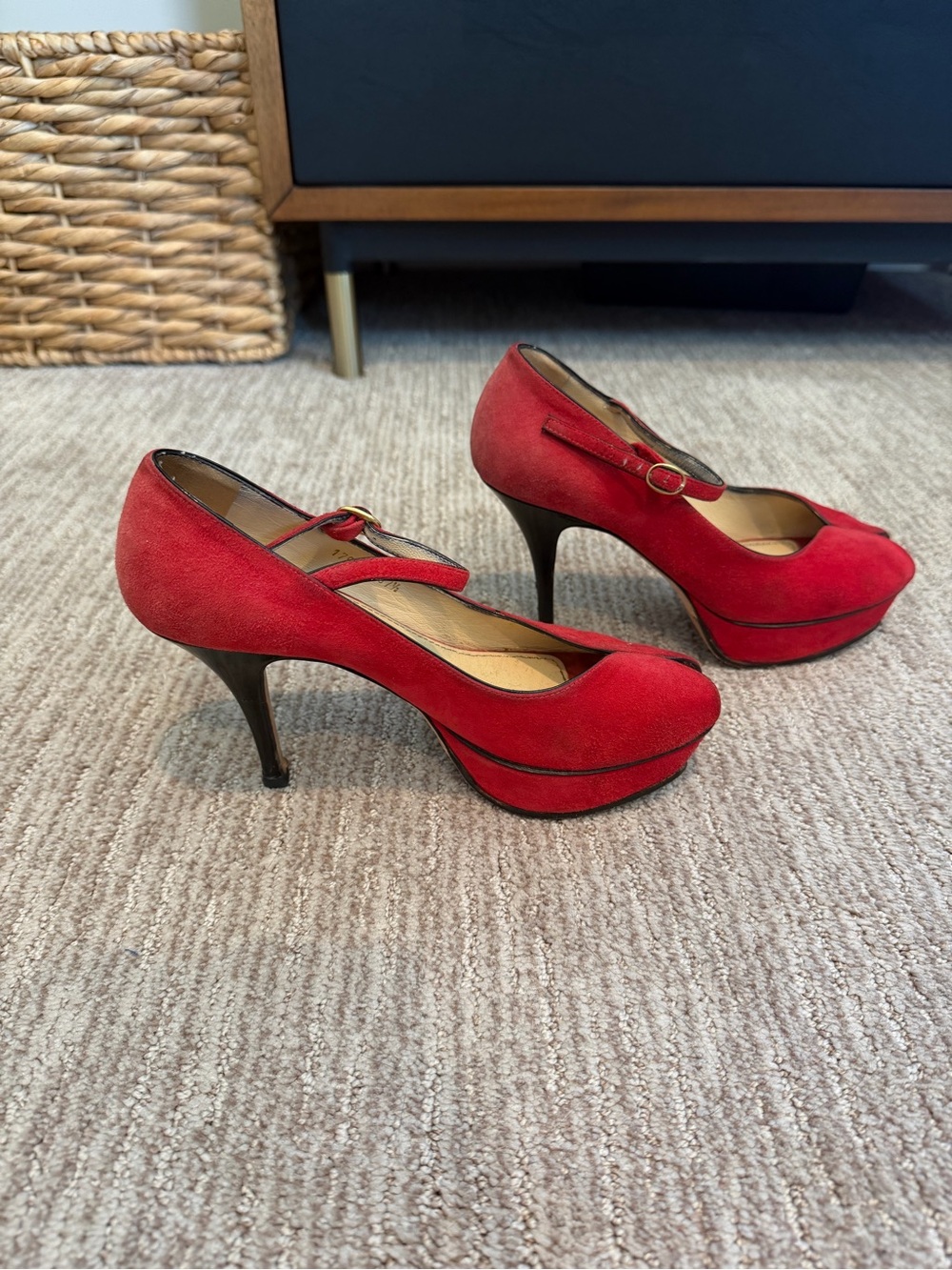 Saint Laurent Red Suede Mary Jane Peep-Toe Heels with Gold Buckle 37.5 - Picture 4 of 8